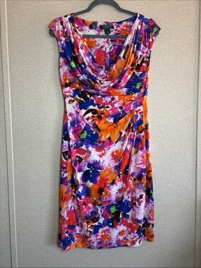 Lauren Ralph Lauren Dress Womens Sz 8 Floral Ruched Sheath Drape Neck Colorful